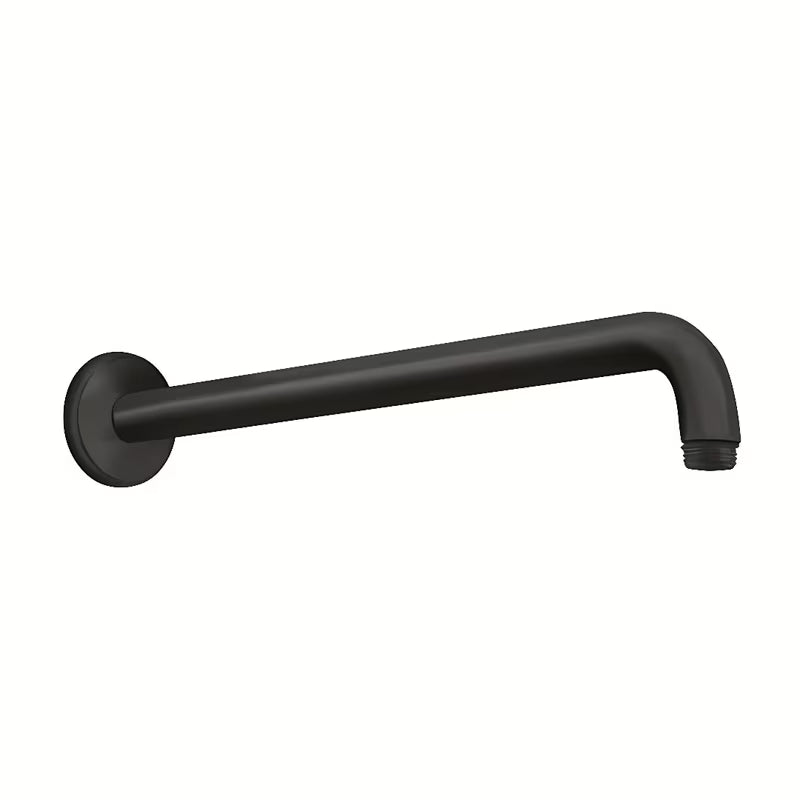 Mat crni nosač nadglavnog tuša Hansgrohe za zidnu montažu, duljine 389 mm, okruglog dizajna.