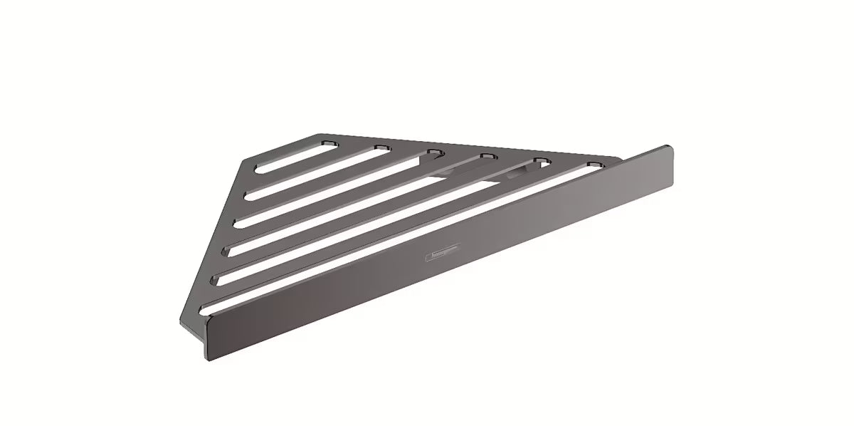 Kutna polica za tuševi Hansgrohe addstoris u brušenom crnom kromu pro zidna montaža.