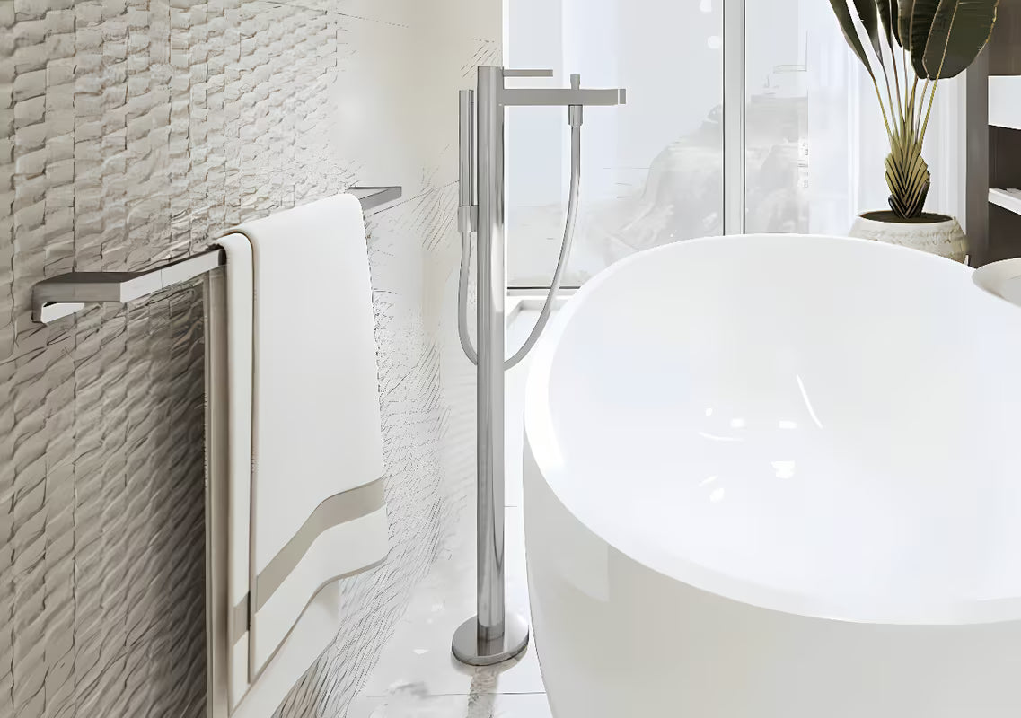 Kromirani zidni držač ručnika Hansgrohe addstoris s minimalističkim dizajnom i skrivenim pričvršćenjem.