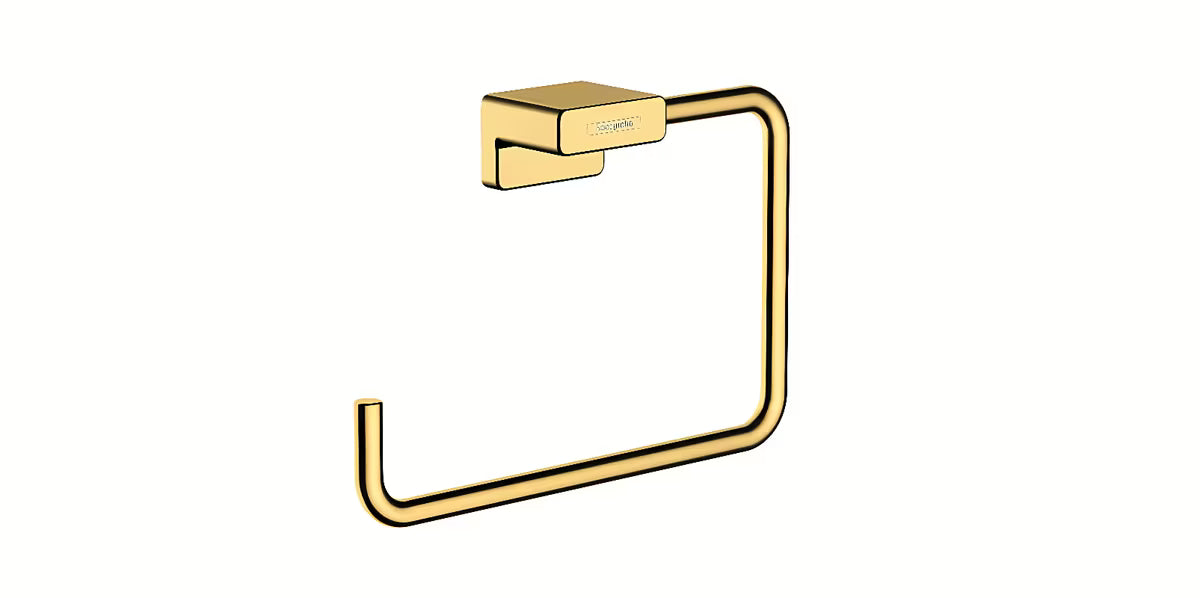 Metalni prsten za ručnik Hansgrohe addstoris u sjajnoj zlatnoj izvedbi sa skrivenim pričvršćenjem na zid.