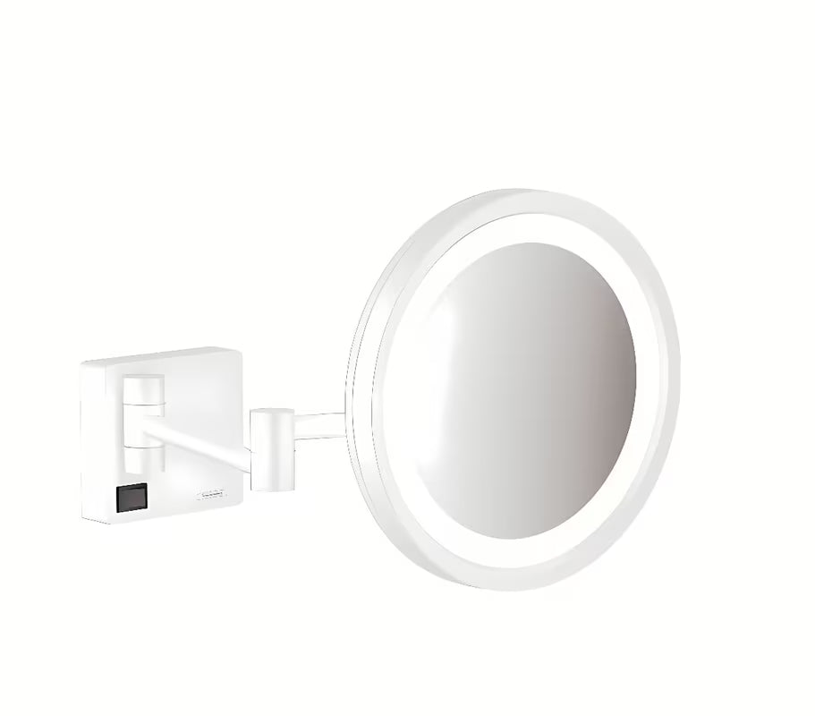 Hansgrohe addstoris sklopive kozmetičko ogledalo s LED osvjetljenjem u mat bijeloj boji za zidnu montažu.