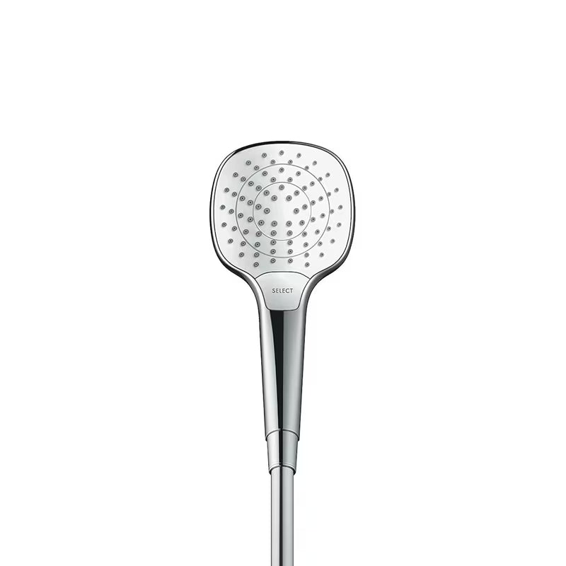 Ručni tuš Hansgrohe Croma Select E Vario u bijelo-krom izvedbi s tipkom Select i promjerom 110 mm.