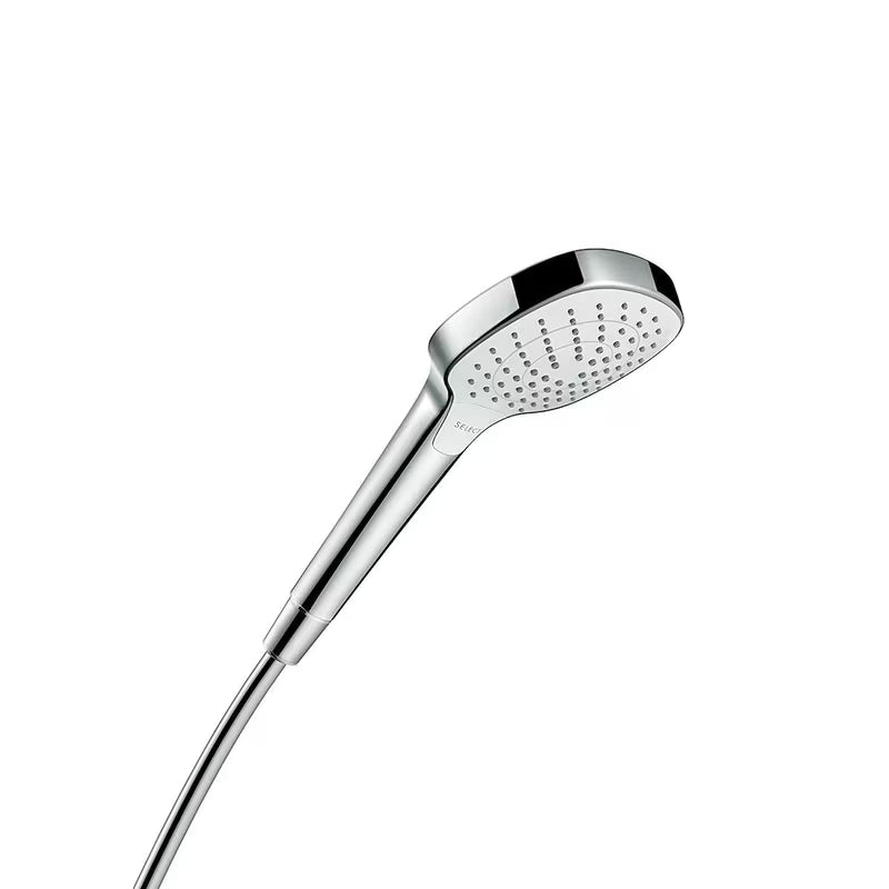 Ručni tuš Hansgrohe Croma Select E Vario u bijelo-krom izvedbi s tipkom Select i promjerom 110 mm.