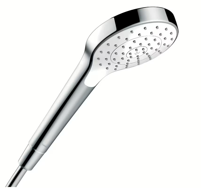 Ručni tuš Hansgrohe Croma Select S u bijeloj i kromiranoj boji s mlazom Rain i promjerom 110 mm.