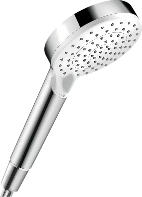 Ručni tuš hansgrohe Crometta u izvedbi bijela/krom s prebacivanjem između mlazova Rain i IntenseRain.