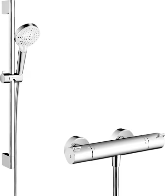 Hansgrohe Crometta tuš sustav s termostatom u bijeloj i krom izvedbi s ručnim tušem i tuš šipkom
