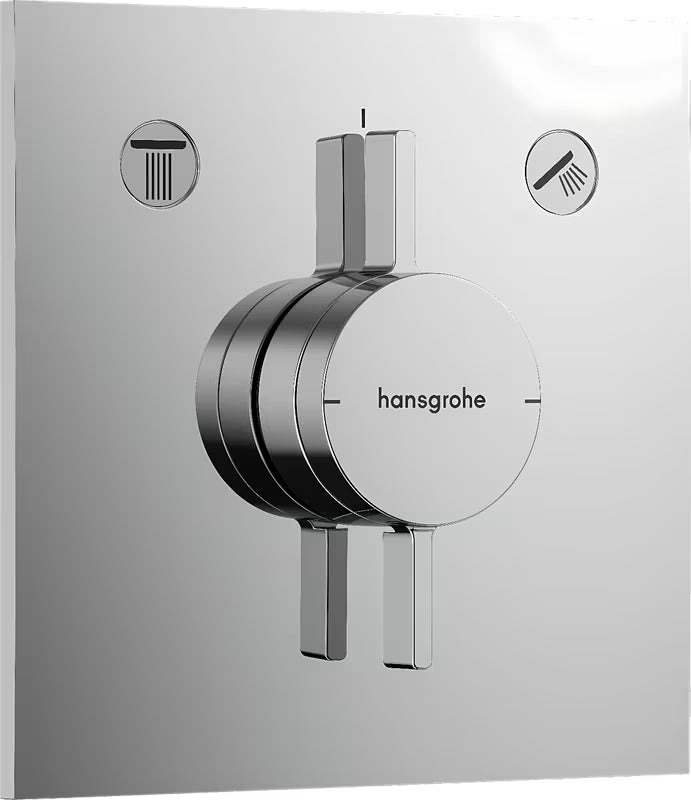 Podžbukna miješalica za tuš Hansgrohe duoturn E u krom izvedbi pro za upravljanje dvama izljevnim mjestima.
