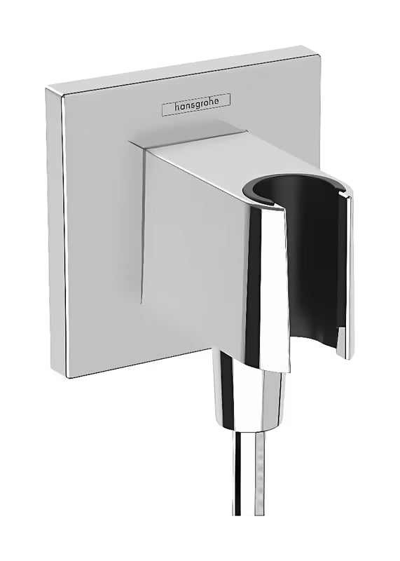 Hansgrohe fixfit E podžbukni priključak vode s držačem ručni tuševi u kromu i kvadratnom dizajnu.