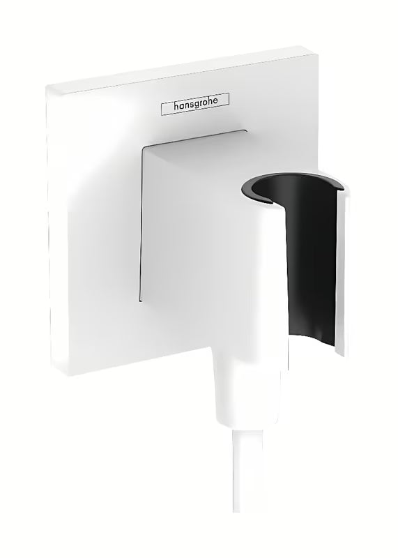 Hansgrohe fixfit E podžbukni priključak u mat bijeloj boji s držačem za ručni tuševi i četvrtastom rozetom.