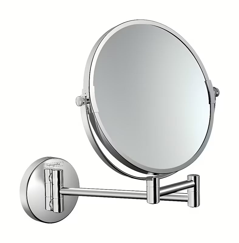 Kozmetičko ogledalo Hansgrohe Logis u krom izvedbi pro za brijanje i kozmetiku s 3-strukim povećanjem.