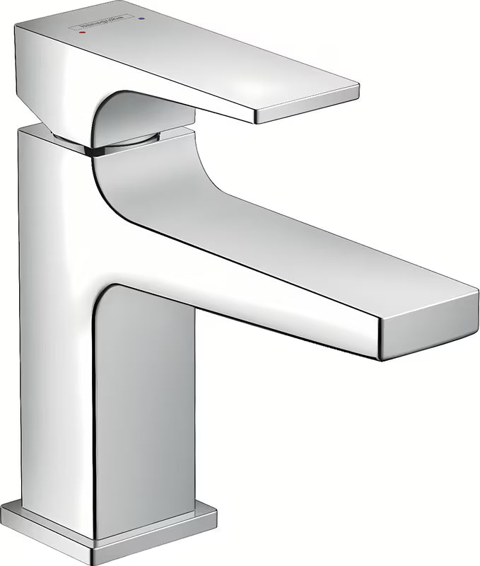 Kromirana jednoručna baterija miješalica za umivaonik Hansgrohe Metropol s push-open odvodom i četvrtastim dizajnom.