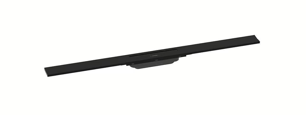 Tuš kanalica hansgrohe raindrain Flex 90 cm u mat crnoj boji s dizajnerskim pokrovom.