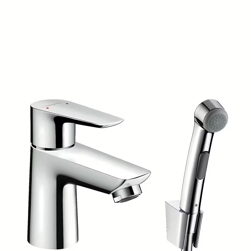 Kromirana jednoručna baterija miješalica za umivaonik Hansgrohe Talis E s bide tušem i odvodom Push-Open.