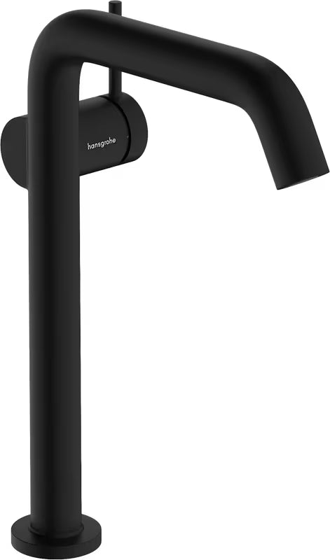 Visoka miješalica za Umivaonik hansgrohe Tecturis S u mat crnoj boji s bočnom ručicom i odvodom Push open.