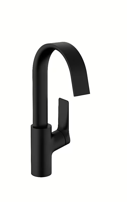 Mat crna jednoručna baterija miješalica za umivaonik hansgrohe Vivenis sa zakretnim izljevom i ekstra širokim mlazom WaterfallStream.