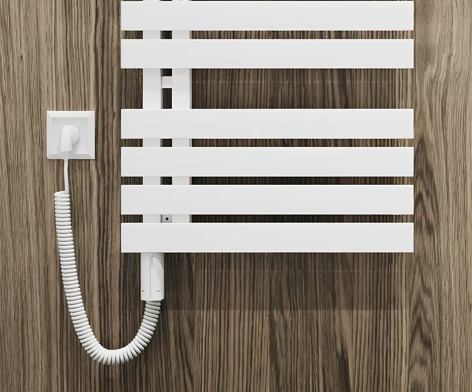Bijela električna grijač za radijator Hopa Hot s dodirnim timerom i spiralnim kabelom za utičnicu.
