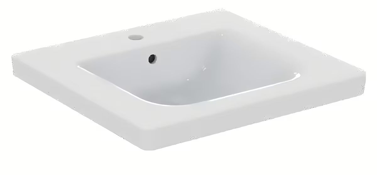 Viseće keramički umivaonik Ideal Standard Connect Freedom 60x55,5 cm u bijeloj boji s otvorom za pro slavinu u sredini.