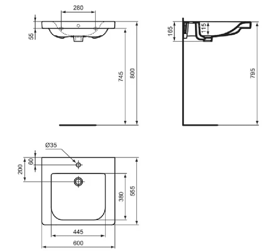 Viseće keramički umivaonik Ideal Standard Connect Freedom 60x55,5 cm u bijeloj boji s otvorom za pro slavinu u sredini.