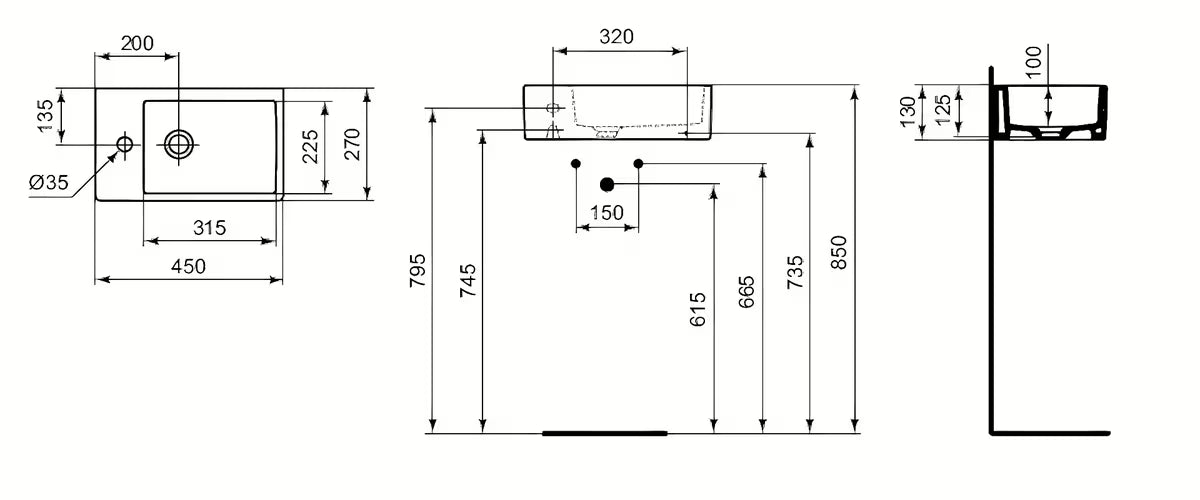 Ideal Standard Strada keramički mali umivaonik 45 x 27 cm u bijeloj boji s otvorom pro za slavinu lijevo