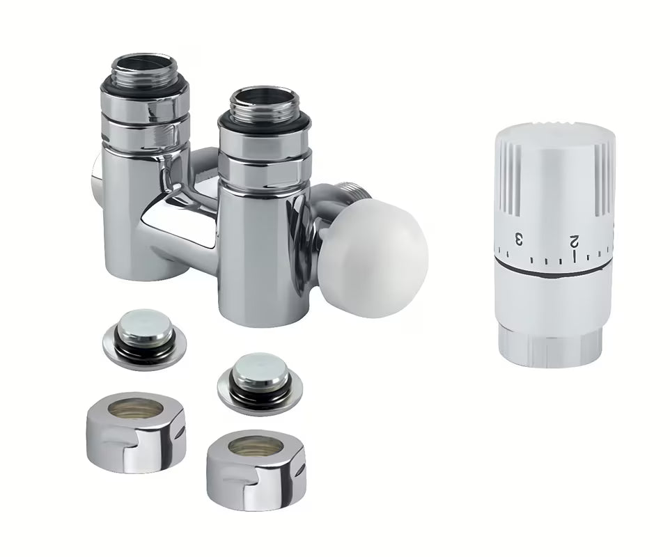 Bijeli termostatski set Isan kutni srednji desni pro kombinirani priključak za bakrene cijevi 15 mm.