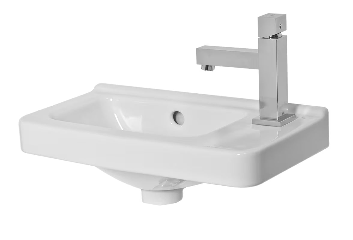 Bijeli asimetrični keramički mali umivaonik Jika Cubito 45 x 25 cm s otvorom pro za slavinu desno