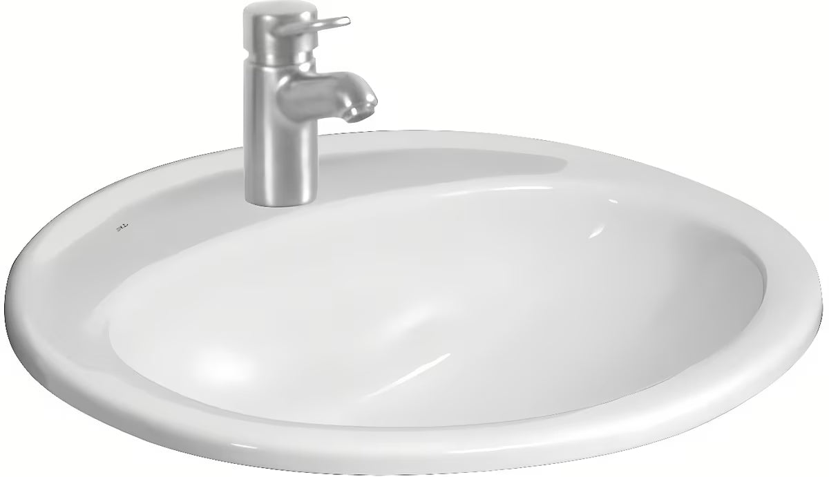 Bijeli ugradbeni umivaonik Jika Ibon za ugradnju u ploču s otvorom pro za slavinu u sredini i preljevom