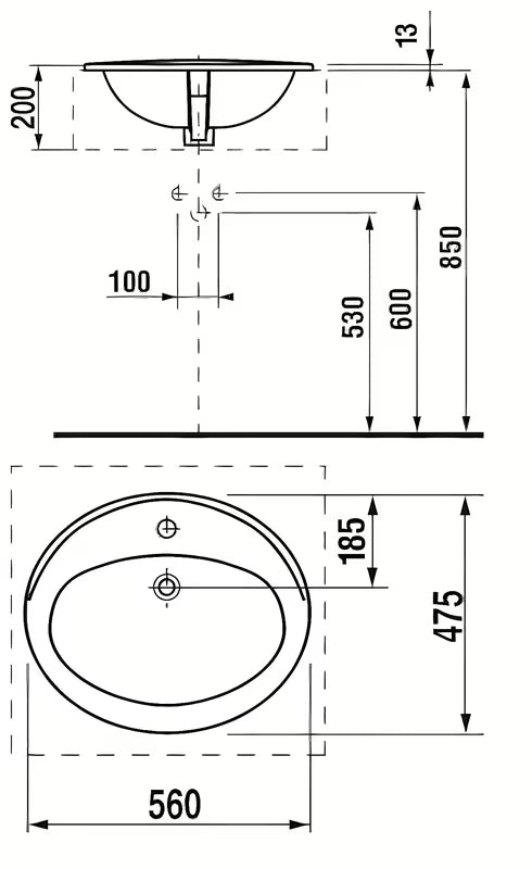 Ugradbeni umivaonik Jika Ibon za ugradnju u ploču s otvorom pro za slavinu i preljevom, 56 x 47,5 cm, bijela.