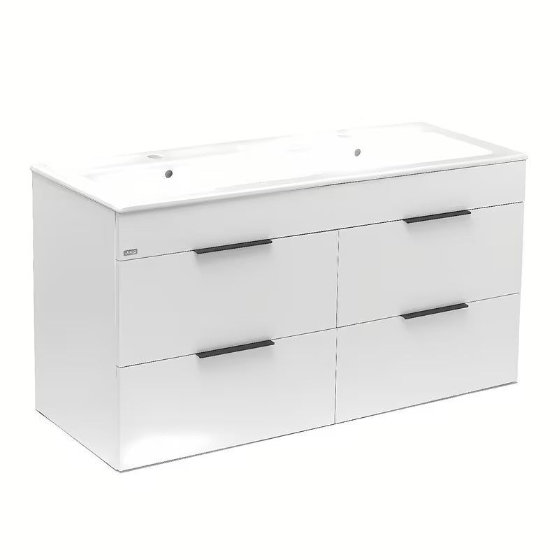 Bijeli viseća kupaonski ormarić Jika Plan s keramičkim dvostrukim umivaonikom i ladicama s punim izvlačenjem.