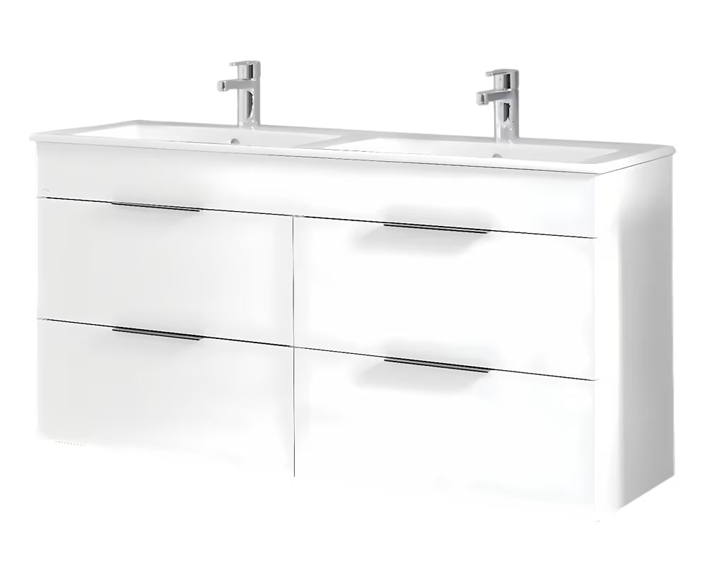 Bijeli viseća kupaonski ormarić Jika Plan s keramičkim dvostrukim umivaonikom i ladicama s punim izvlačenjem.