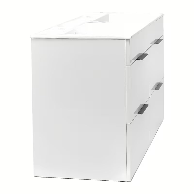 Bijeli viseća kupaonski ormarić Jika Plan s keramičkim dvostrukim umivaonikom i ladicama s punim izvlačenjem.