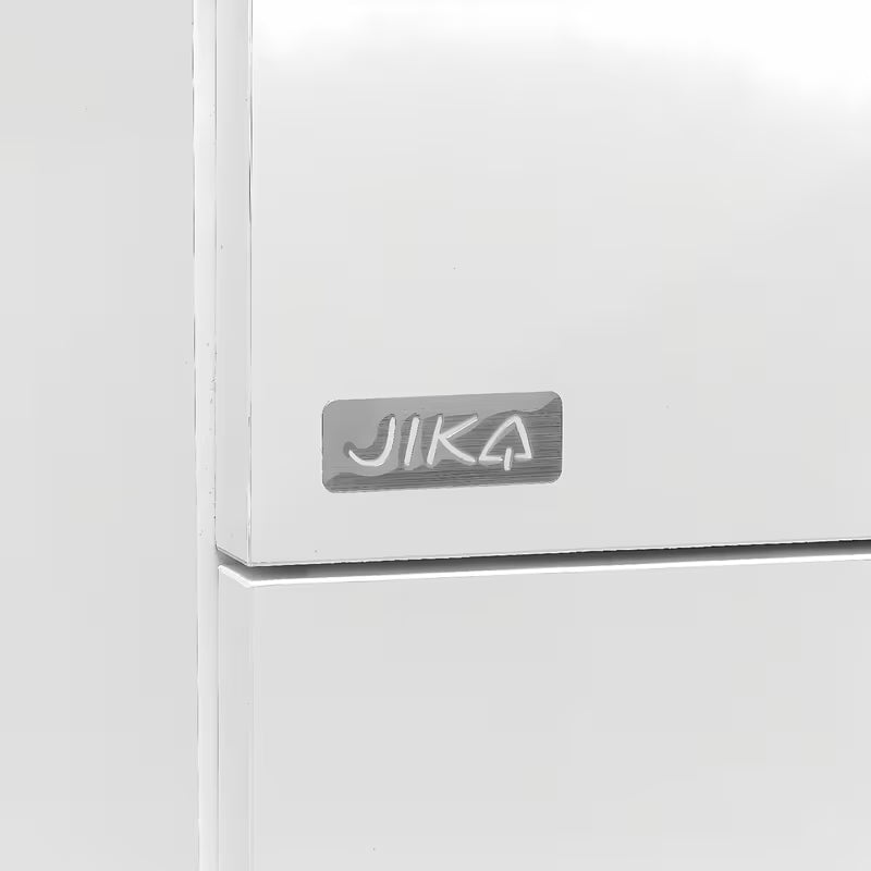 Bijeli viseća kupaonski ormarić Jika Plan s keramičkim dvostrukim umivaonikom i ladicama s punim izvlačenjem.