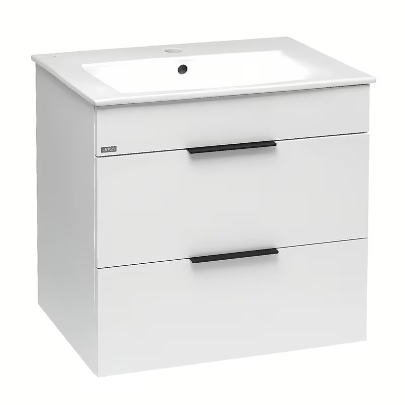 Bijeli viseća ormarić Jika Plan s keramičkim umivaonikom i ladicama s potpunim izvlačenjem.