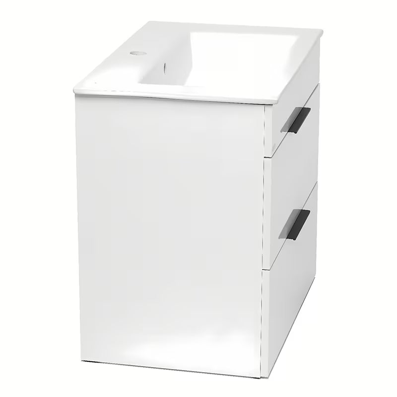 Bijeli viseća ormarić Jika Plan s keramičkim umivaonikom i ladicama s potpunim izvlačenjem.