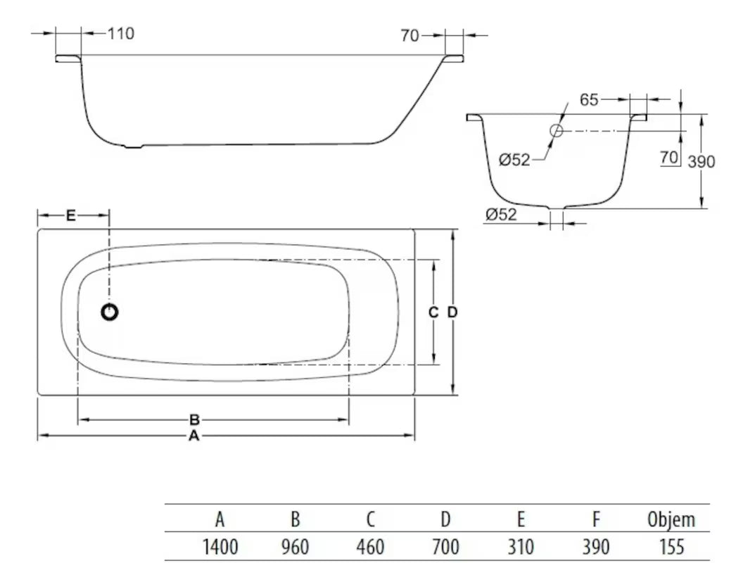 Pravokutna kada Jika Siena 140x70 cm od emajliranog čelika, s mogućnošću lijeve i desne orijentacije