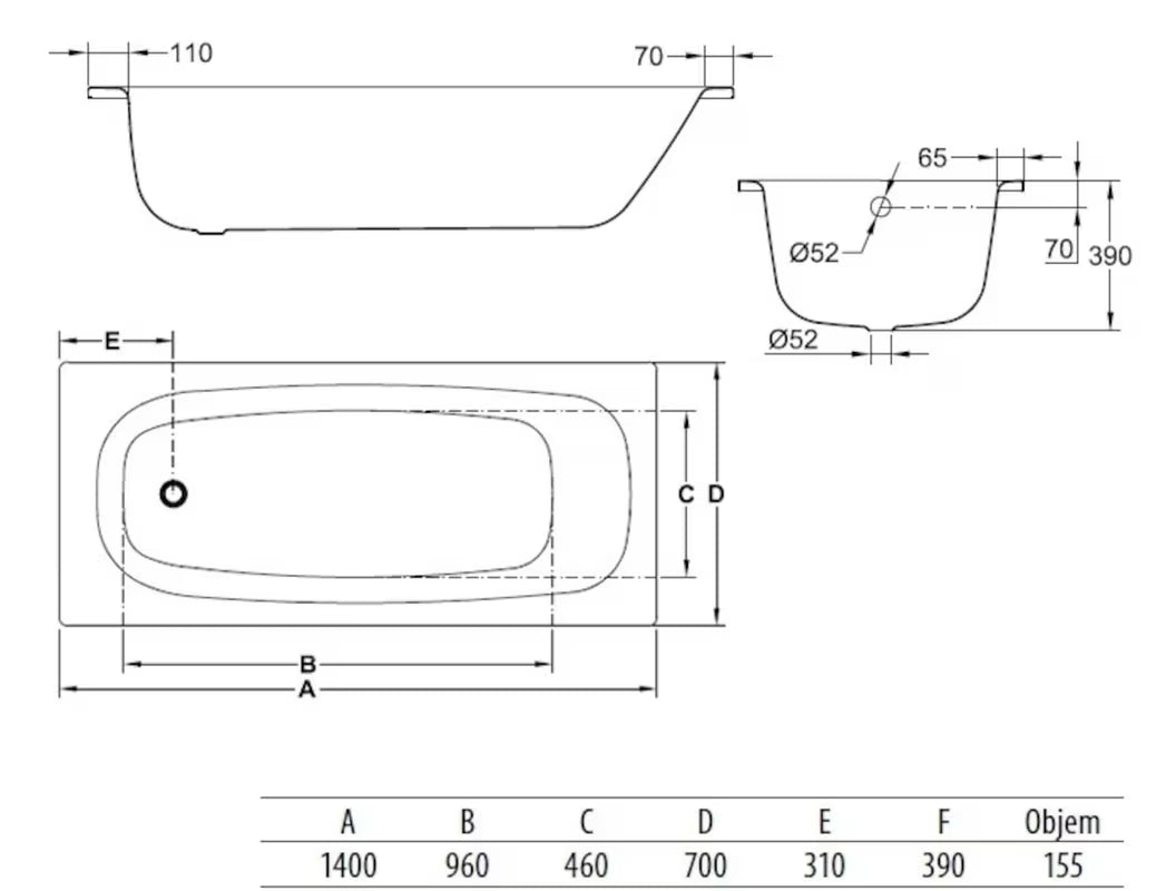 Pravokutna kada Jika Siena 140x70 cm od emajliranog čelika, s mogućnošću lijeve i desne orijentacije