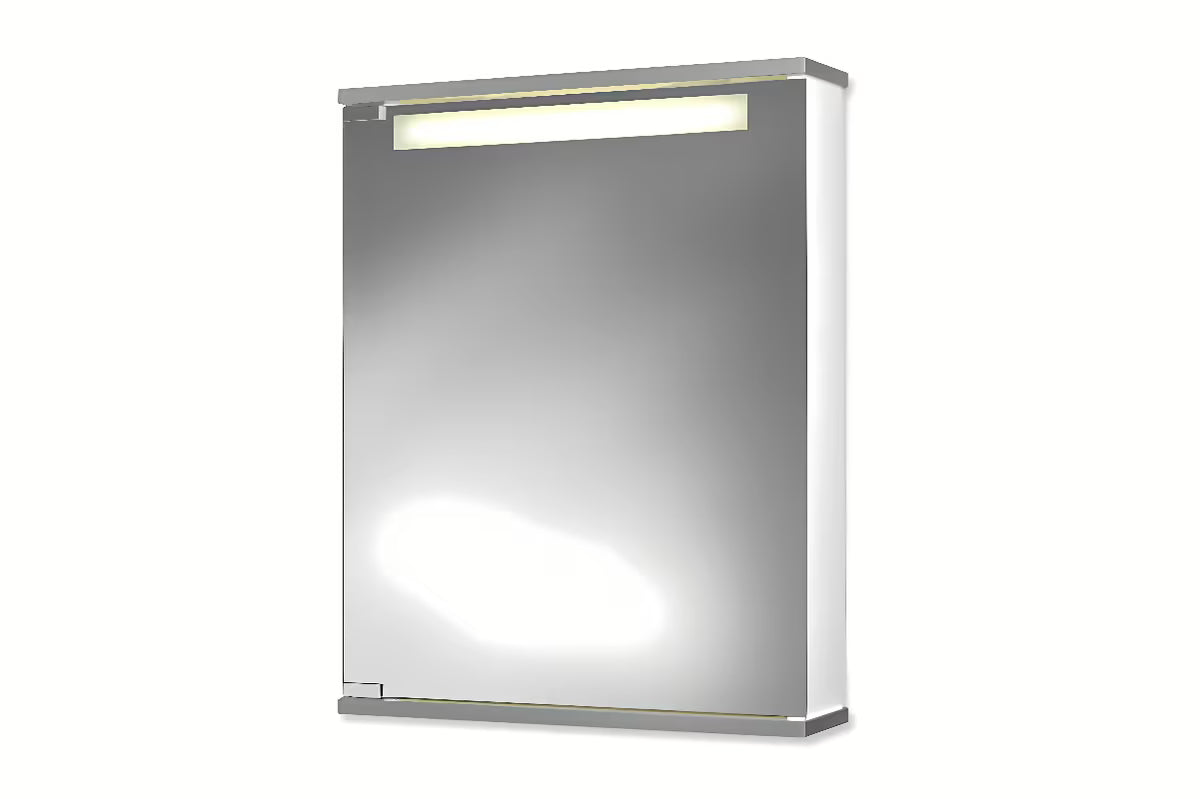 Bijeli ormarić s ogledalom Jokey Cento 50 s osvjetljenjem i ladicom, 50 x 65 x 14 cm.