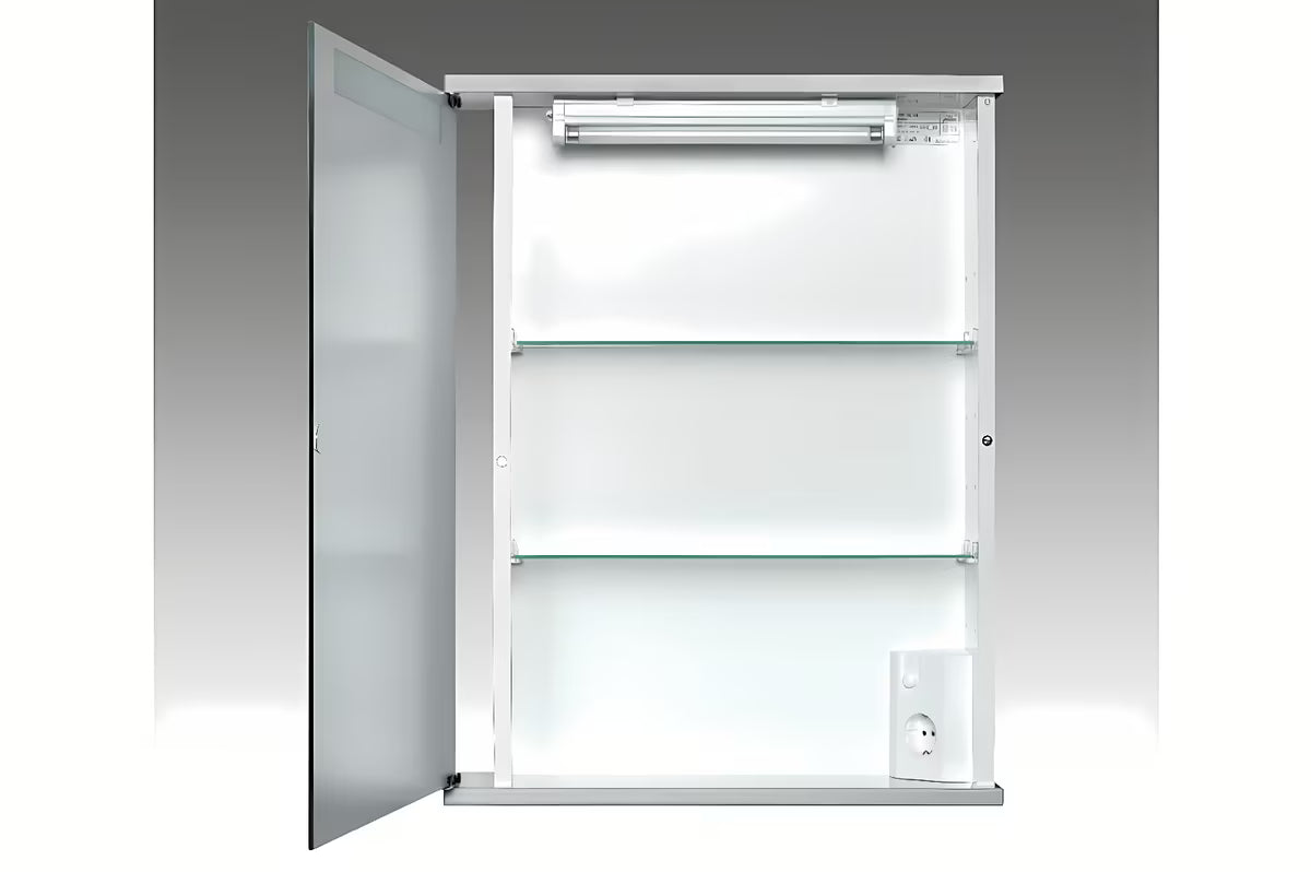 Bijeli ormarić s ogledalom Jokey Cento 50 s osvjetljenjem i ladicom, 50 x 65 x 14 cm.