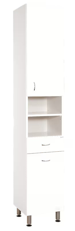 Bijela kupaonski ormarić Keramia Pro s uklonjivom žičanom košarom za rublje i podesivim nožicama.