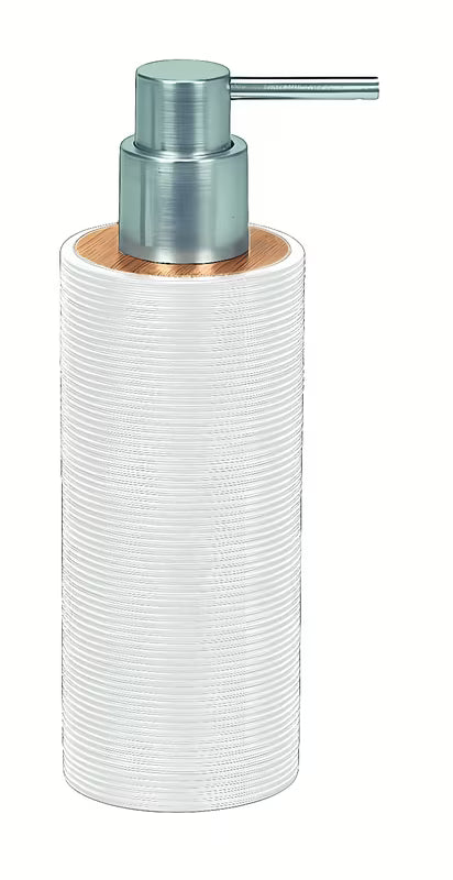 Bijeli dozator sapuna Kleine Wolke Kyoto s detaljem od bambusa i fino užlijebljenom površinom.