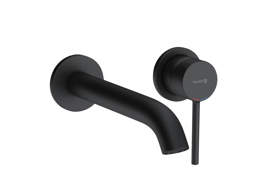 Podžbukna jednoručna miješalica za umivaonik Kludi u crnoj mat boji s rozetom i izljevom