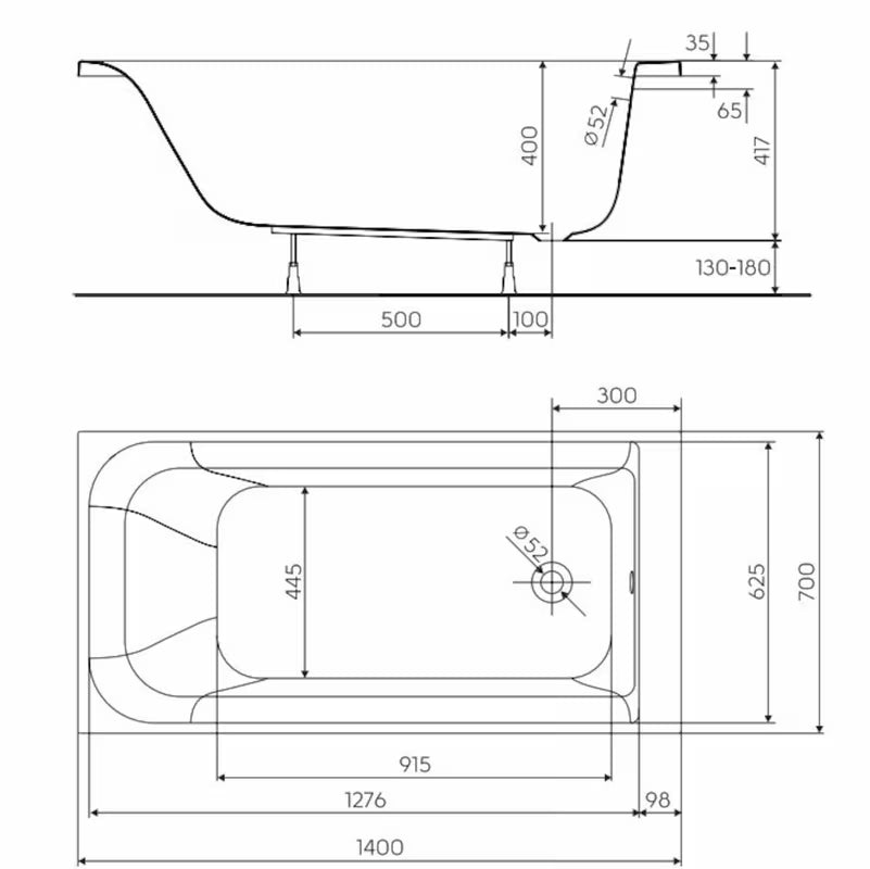 Akrilna pravokutna kada Kolo Rekord 140 x 70 cm s mogućnošću lijeve i desne orijentacije