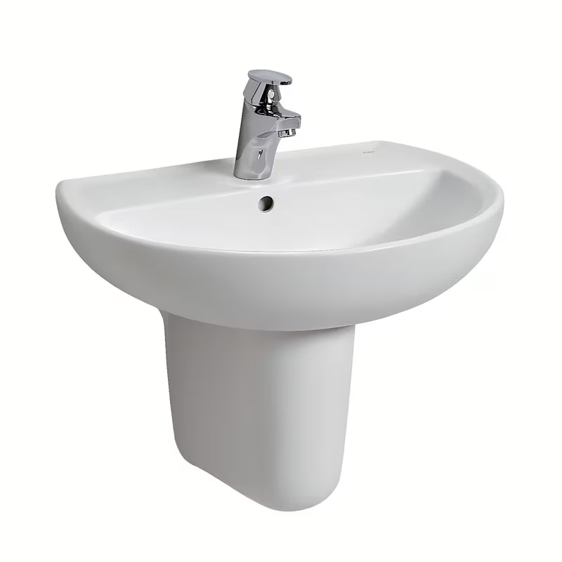 Ovalni viseće bijeli keramički umivaonik Kolo Rekord s otvorom za pro slavinu u sredini.