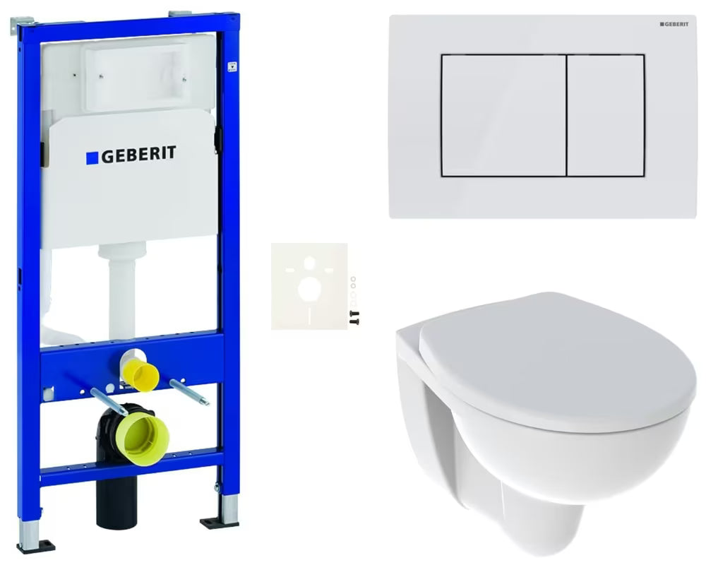 Viseći WC set Kolo Rekord s modulom Geberit Duofix, WC školjkom bez ruba i tipkom za ispiranje u bijeloj boji.