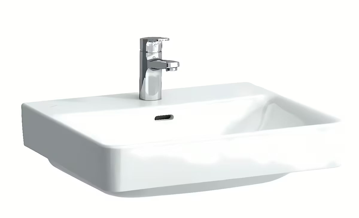 Bijeli viseće keramički umivaonik Laufen Pro S 55x46,5 cm s otvorom pro slavinu u sredini i preljevom.