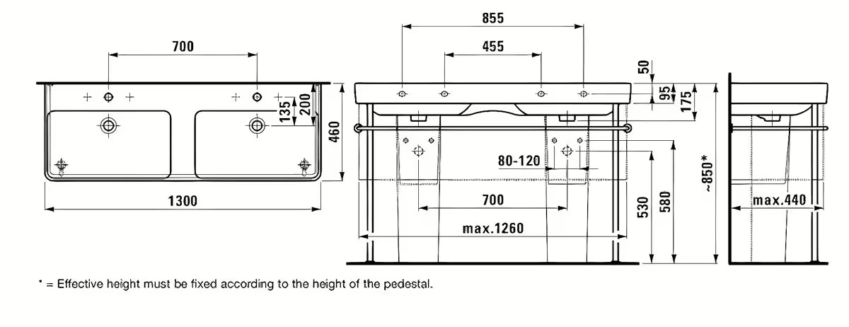 Bijeli keramički dvostruki umivaonik Laufen Pro S 130x46 cm pro za ugradnju u kupaonski namještaj