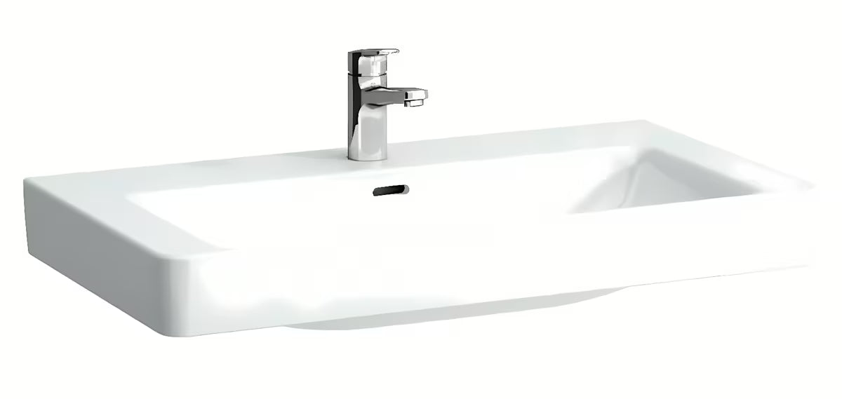 Umivaonik za Kupaonski Ormarić Laufen Pro S 85x46 cm od sjajne bijele keramike s otvorom pro slavinu u sredini.