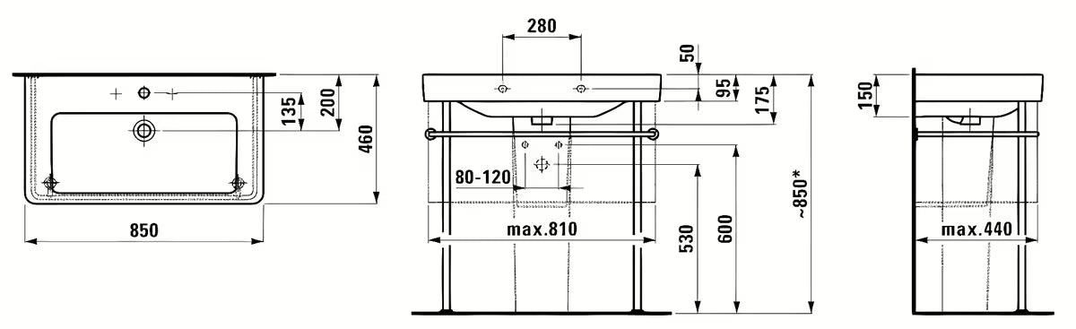 Umivaonik za Kupaonski Ormarić Laufen Pro S 85x46 cm od sjajne bijele keramike s otvorom pro slavinu u sredini.