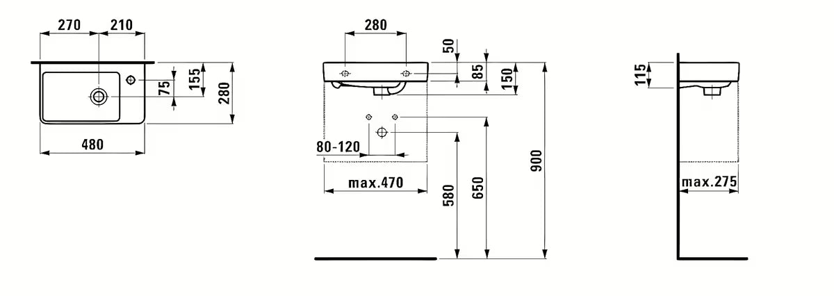 Bijeli keramički mali umivaonik Laufen Pro S 48x28 cm s otvorom pro slavinu desno