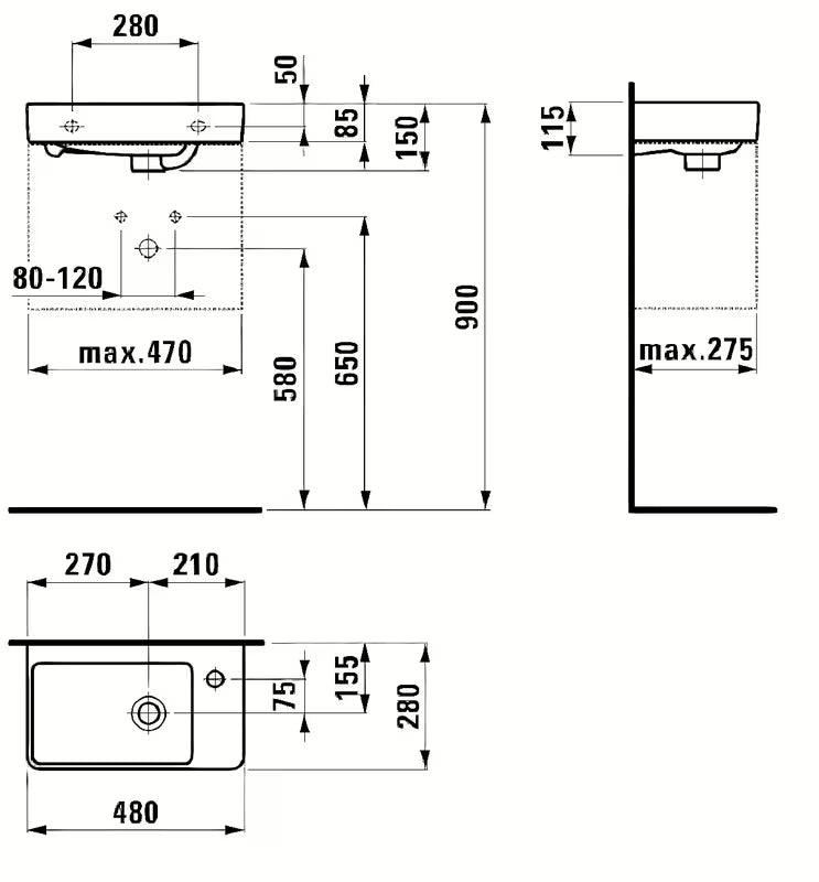 Bijeli keramički mali umivaonik Laufen Pro S 48x28 cm s otvorom za pro slavinu na lijevoj strani
