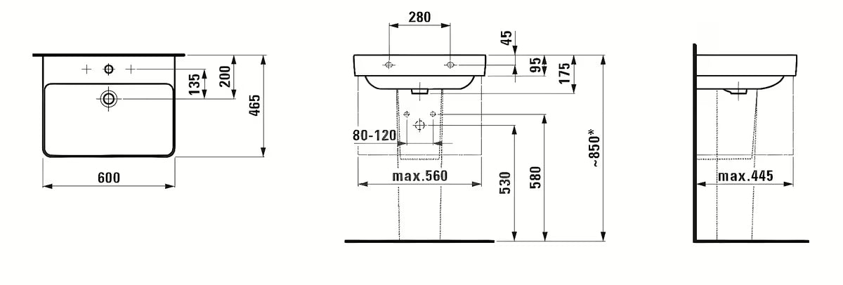 Bijeli viseće keramički umivaonik Laufen Pro S otvorom pro za slavinu u sredini, 60x46,5 cm.